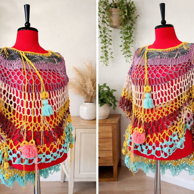 Poncho / Vestă croșetată handmade cu inserții denim model unicat