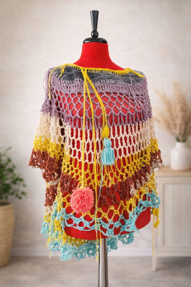 Poncho / Vestă croșetată handmade cu inserții denim model unicat