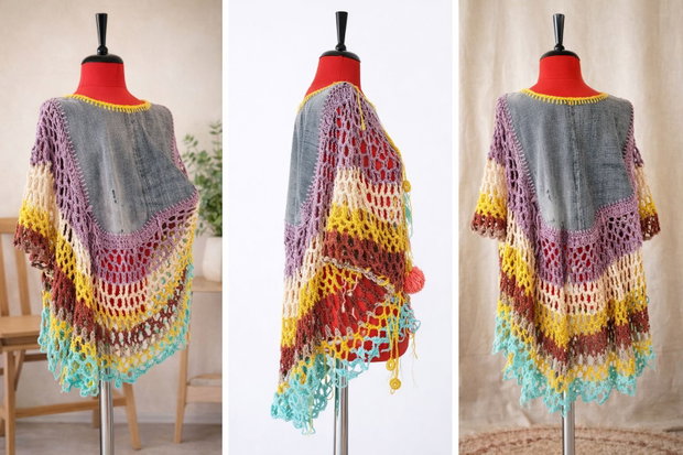 Poncho / Vestă croșetată handmade cu inserții denim model unicat