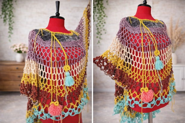 Poncho / Vestă croșetată handmade cu inserții denim model unicat
