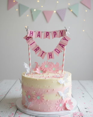 Topper tort Happy Birthday, flori și fluturi