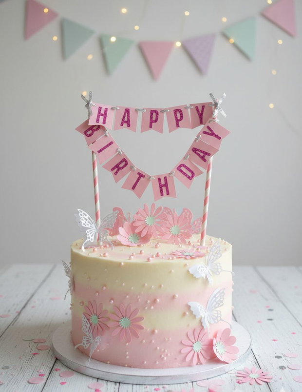 Topper tort Happy Birthday, flori și fluturi