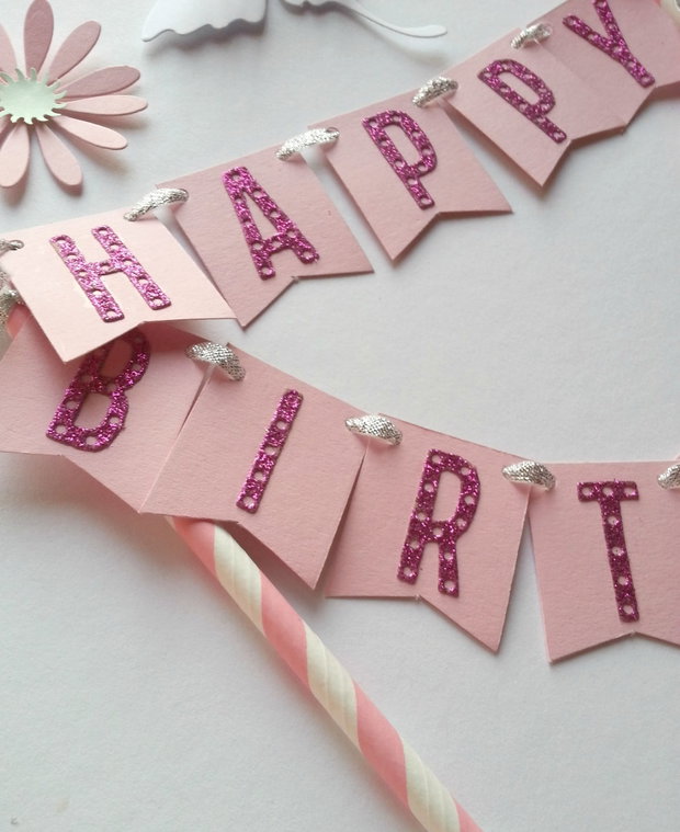 Topper tort Happy Birthday, flori și fluturi