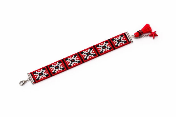 Bratara tesuta rosu-negru-alb