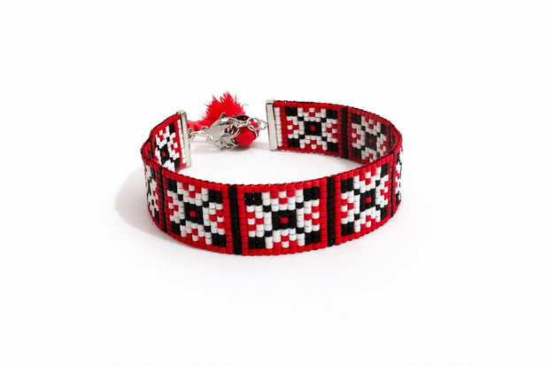Bratara tesuta rosu-negru-alb