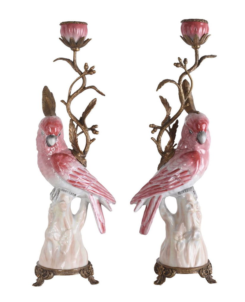 Set doua sfesnice papagal din portelan cu bronz