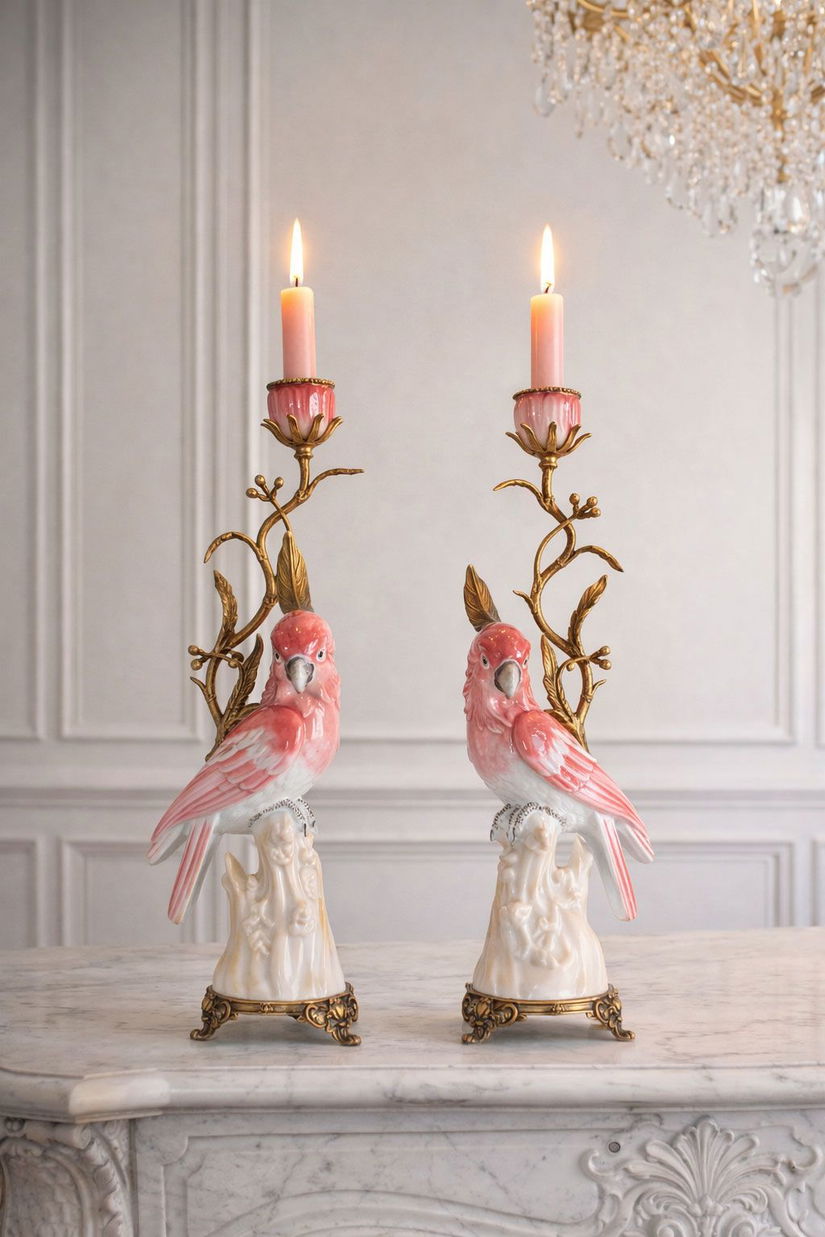 Set doua sfesnice papagal din portelan cu bronz