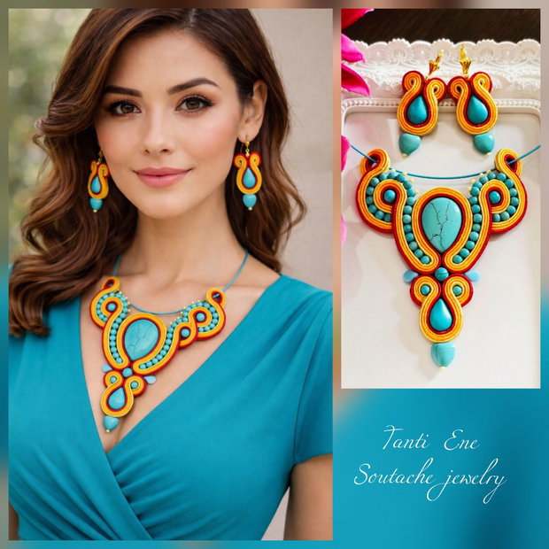 Set unicat soutache cu turcoaz si portocaliu