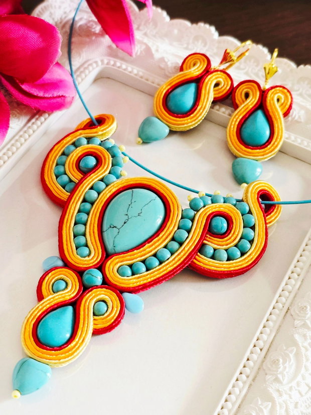 Set unicat soutache cu turcoaz si portocaliu