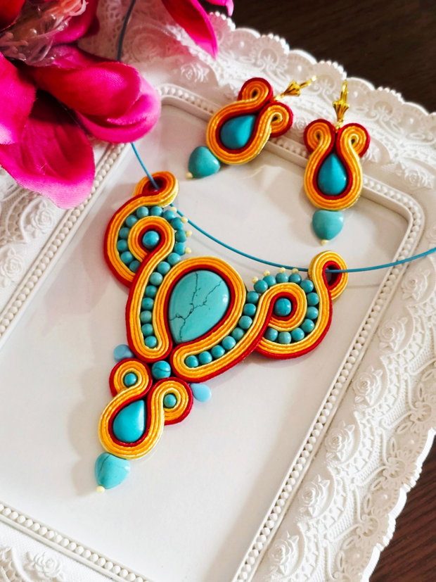 Set unicat soutache cu turcoaz si portocaliu