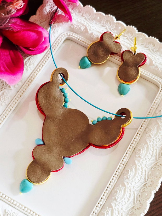 Set unicat soutache cu turcoaz si portocaliu