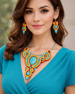 Set unicat soutache cu turcoaz si portocaliu