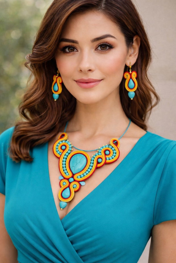 Set unicat soutache cu turcoaz si portocaliu