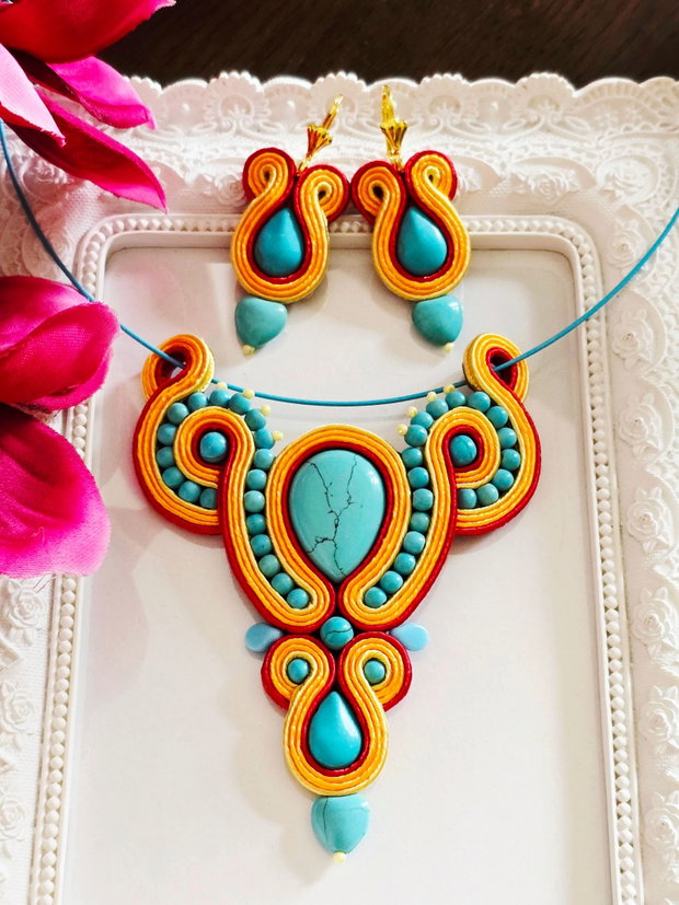 Set unicat soutache cu turcoaz si portocaliu