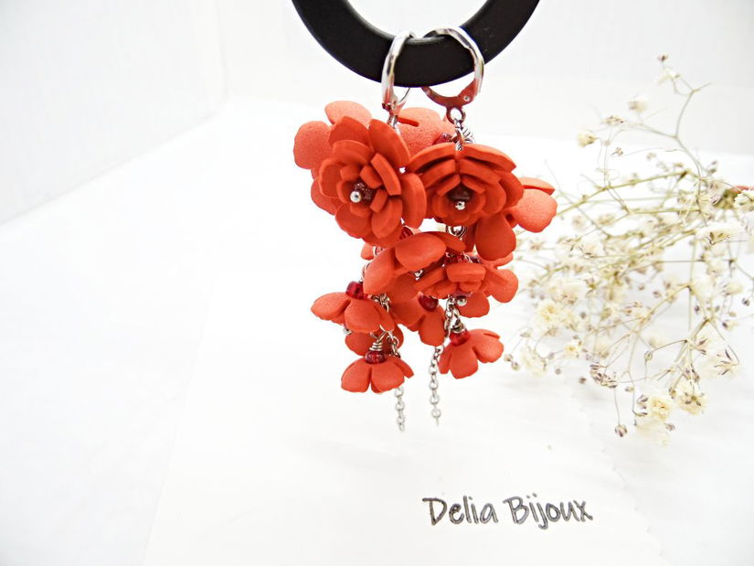 Cercei Handmade unicat cu flori rosii (cod1386)