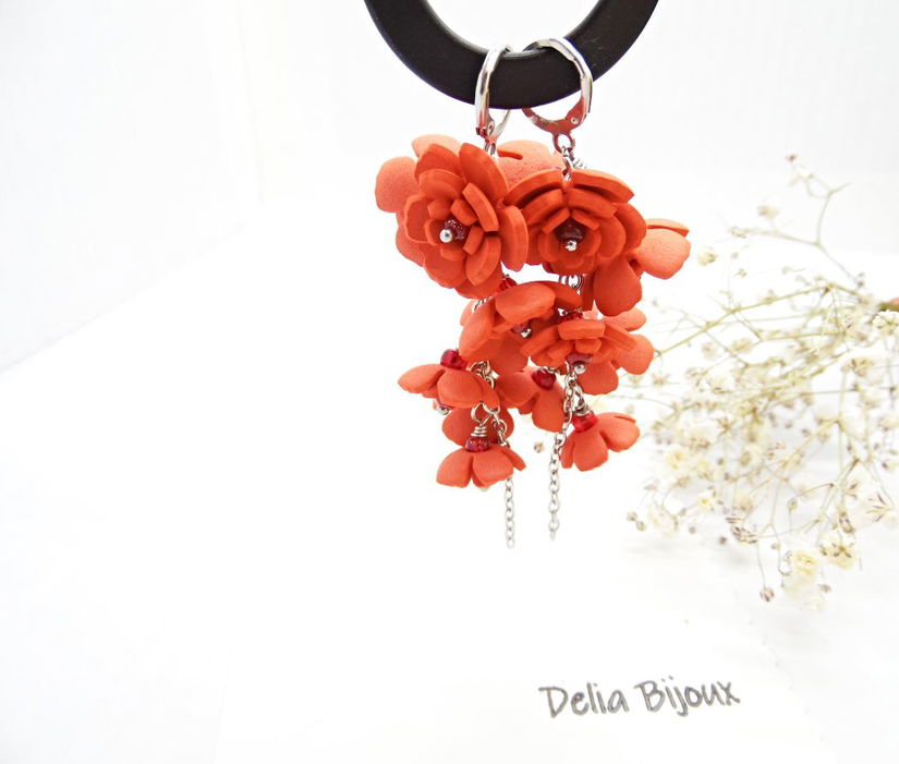 Cercei Handmade unicat cu flori rosii (cod1386)
