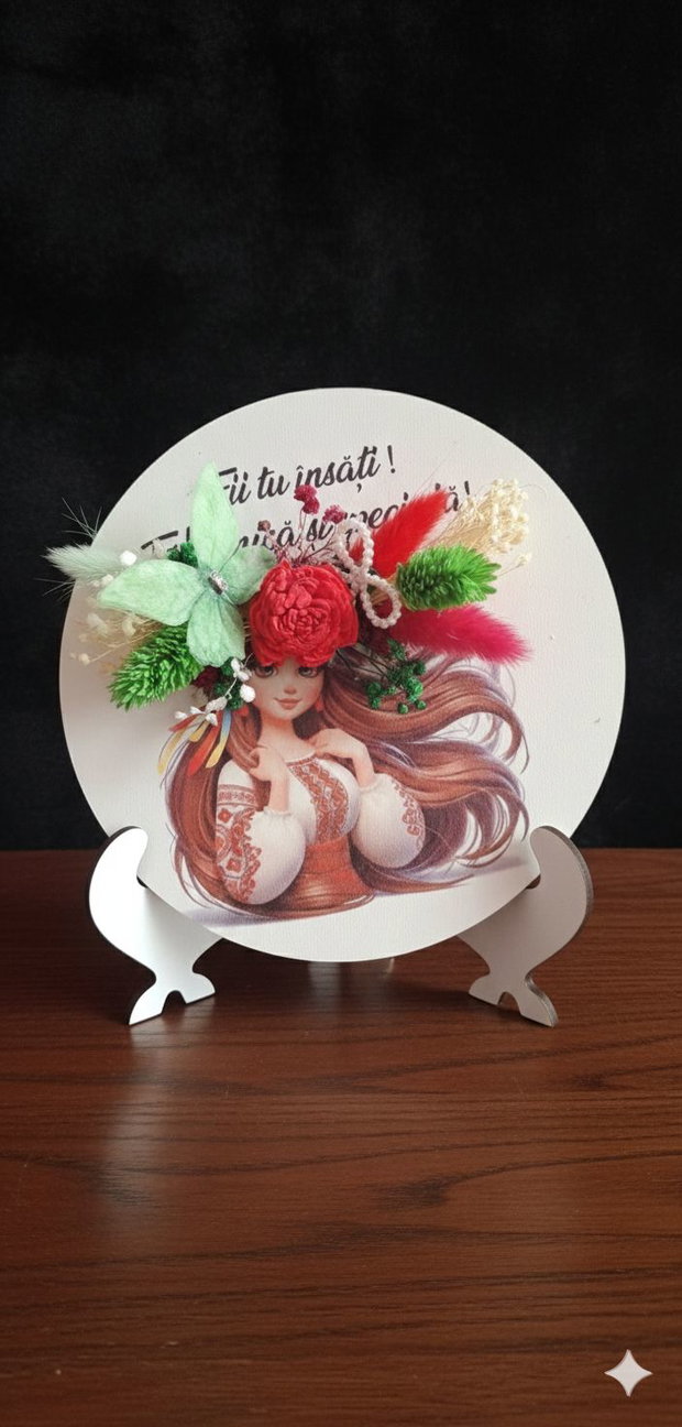 Martisor aranjament floral pe suport de lemn, flori conservate si licheni