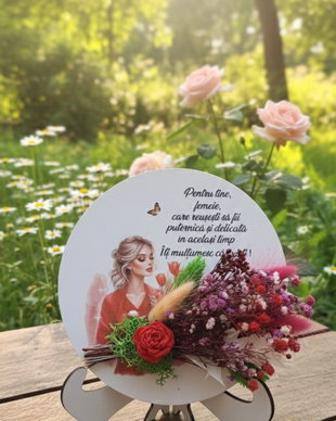 Mărțișor aranjament floral pe suport lemn, flori uscate și licheni, mesaj personaliz