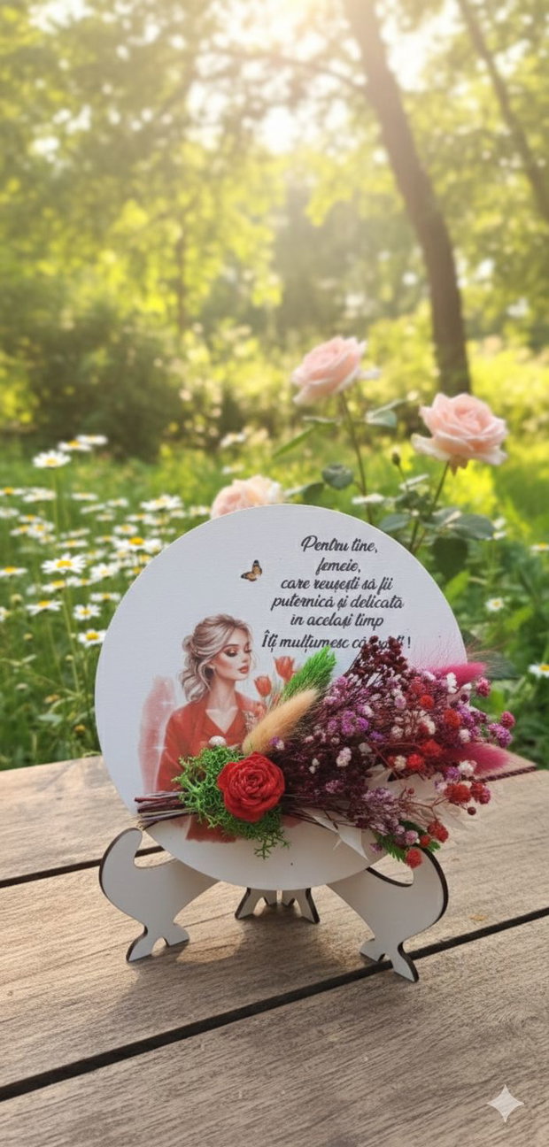 Mărțișor aranjament floral pe suport lemn, flori uscate și licheni, mesaj personaliz