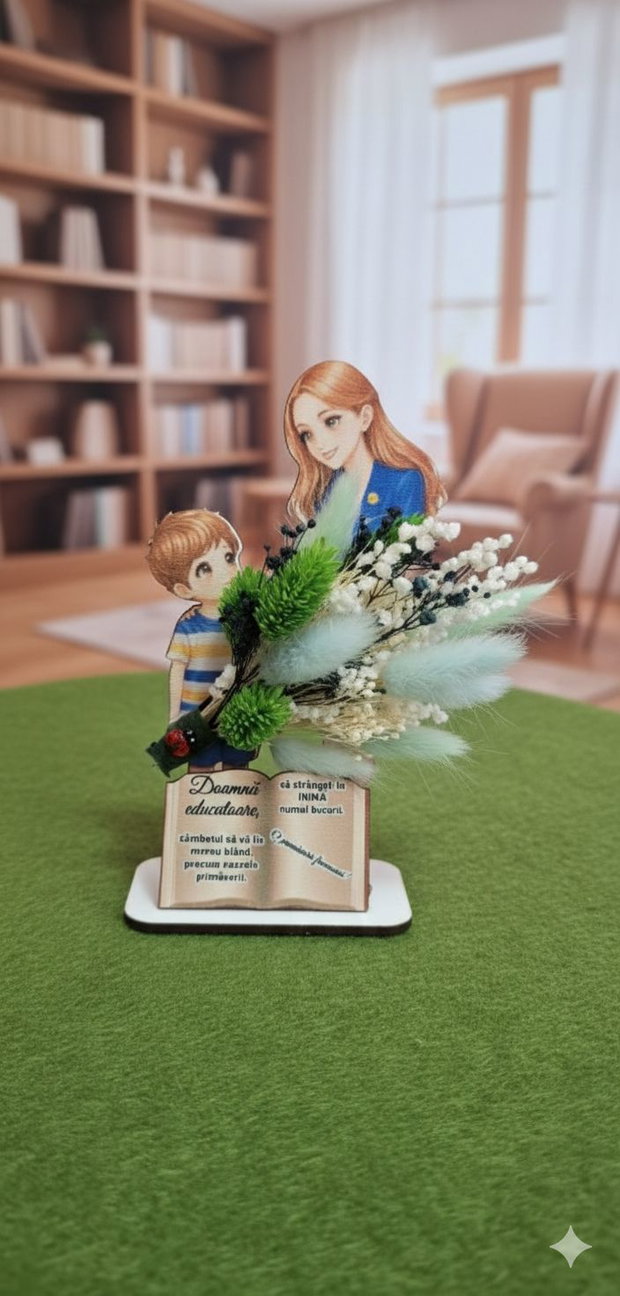 Mărțișor aranjament floral pe suport lemn, flori uscate și licheni, mesaj personaliz