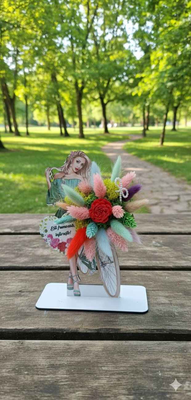 Mărțișor aranjament floral pe suport lemn, flori uscate și licheni, mesaj personaliz