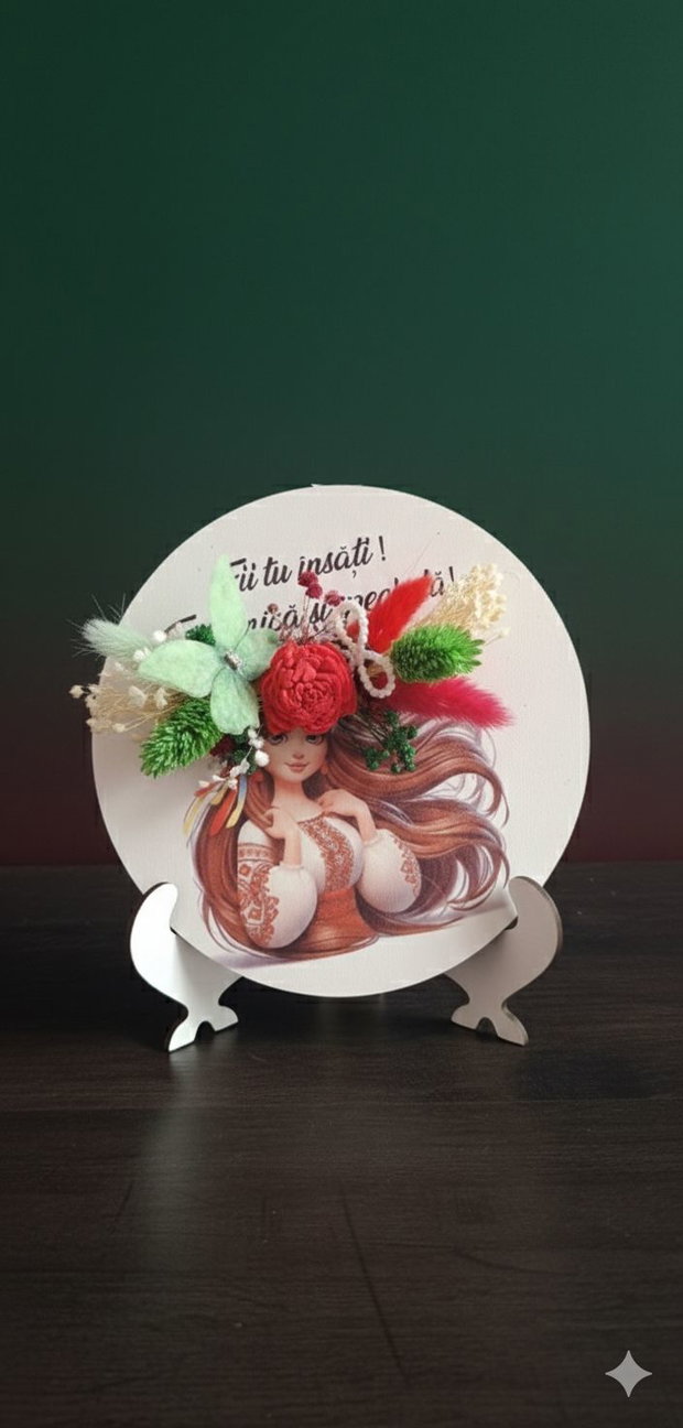 Mărțișor aranjament floral pe suport lemn, flori uscate și licheni, mesaj personaliz