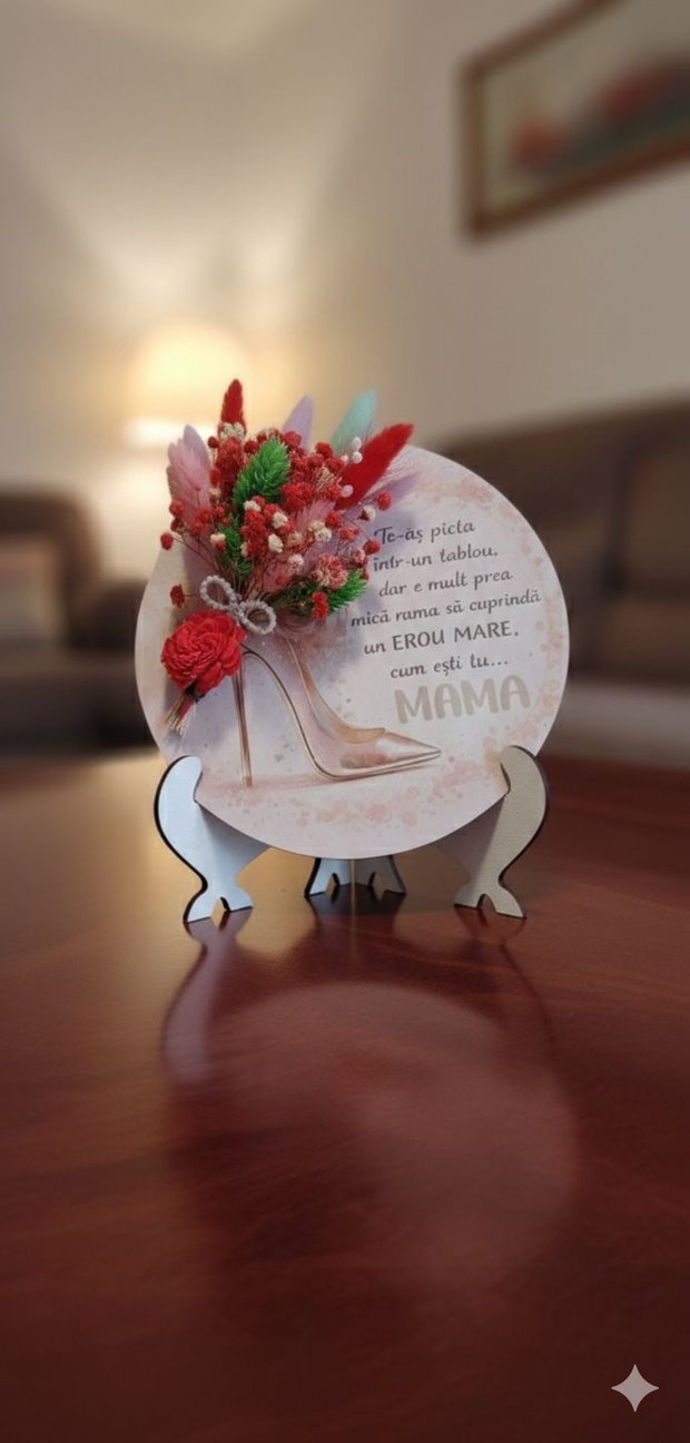 Mărțișor aranjament floral pe suport lemn, flori uscate și licheni, mesaj personaliz
