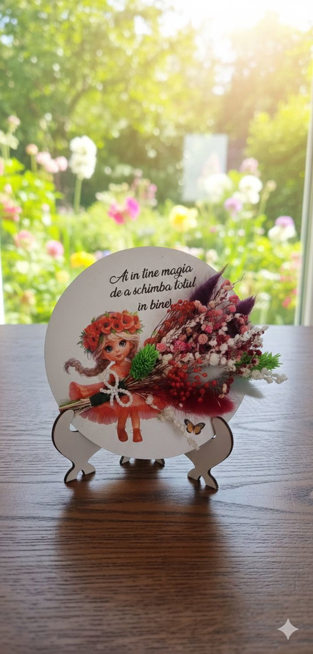 Mărțișor aranjament floral pe suport lemn, flori uscate și licheni, mesaj personaliz