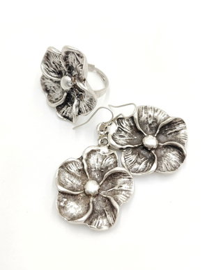 Set inel si cercei zamac argintat, model floral 2, Icz006