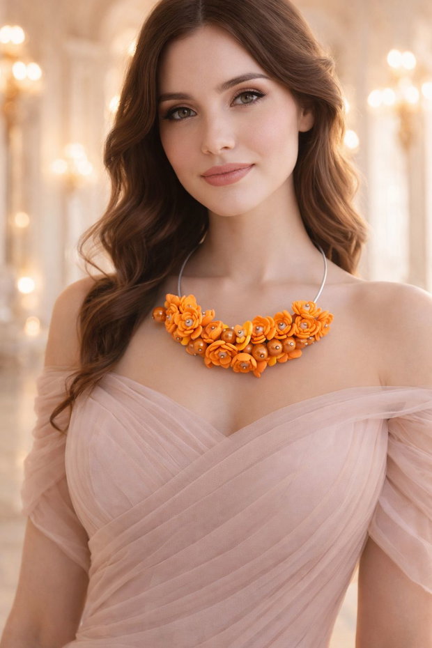 Colier handmade statement cu flori portocalii (cod1379)
