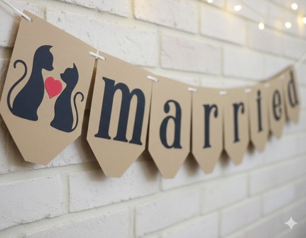 Ghirlandă Just married cu pisici