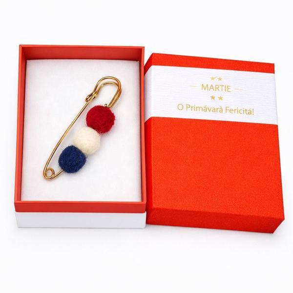 Broșă Mărțișor tip ac de siguranță cu pompoane Roșu-Alb-Albastru
