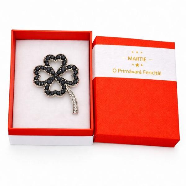 Broșă Mărțișor Trifoi Norocos cu Cristale Negre