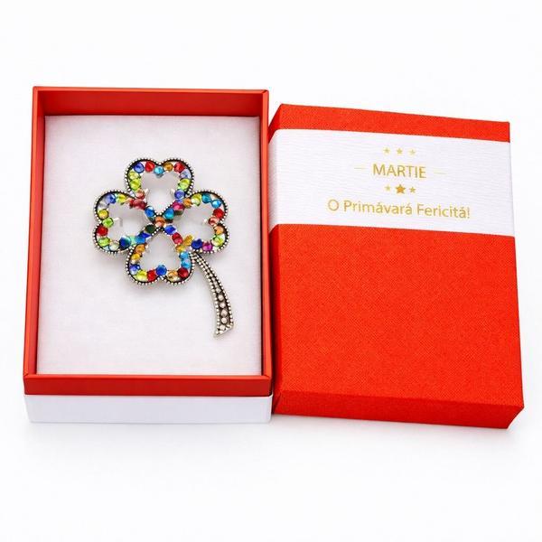 Broșă Mărțișor Trifoi Norocos cu Cristale Multicolore