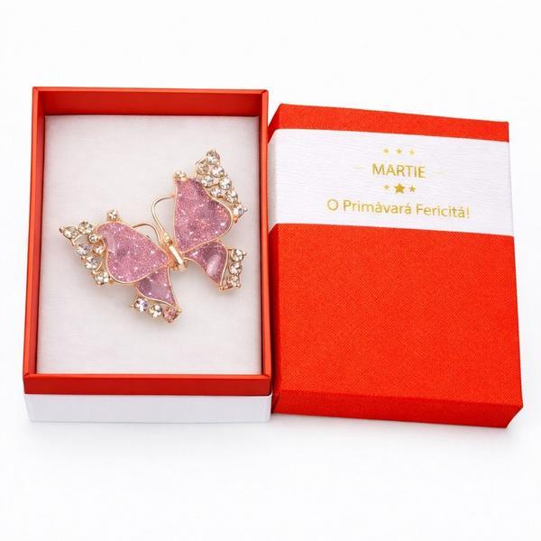 Broșă Mărțișor Fluture Roz cu Sclipici