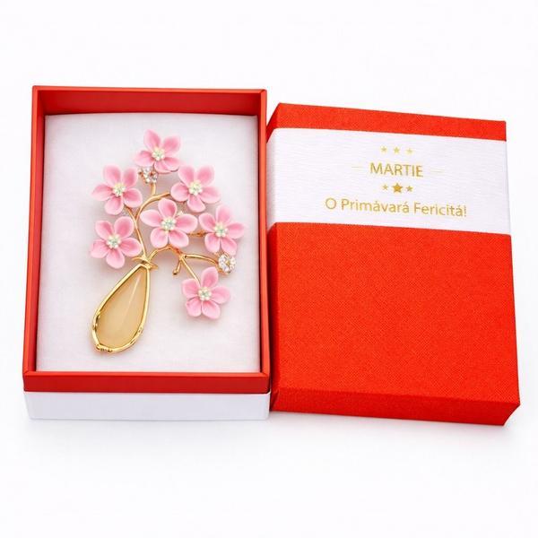 Broșă Mărțișor Vaza cu Flori Roz