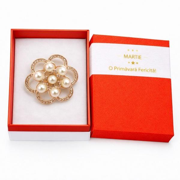 Broșă Mărțișor Floare Elegantă cu Perle