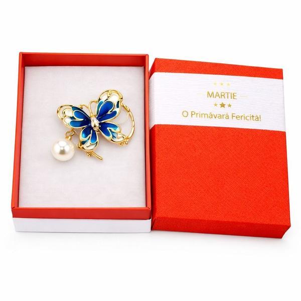 Broșă Mărțișor Fluture Albastru cu Perlă