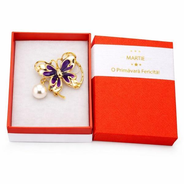 Broșă Mărțișor Fluture Mov cu Perlă