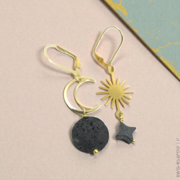 Cercei asimetrici din inox, lava, cercei lungi, cercei statement, cercei handmade