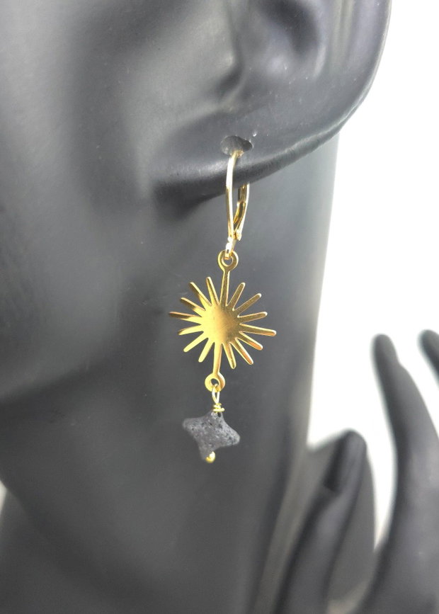 Cercei asimetrici din inox, lava, cercei lungi, cercei statement, cercei handmade