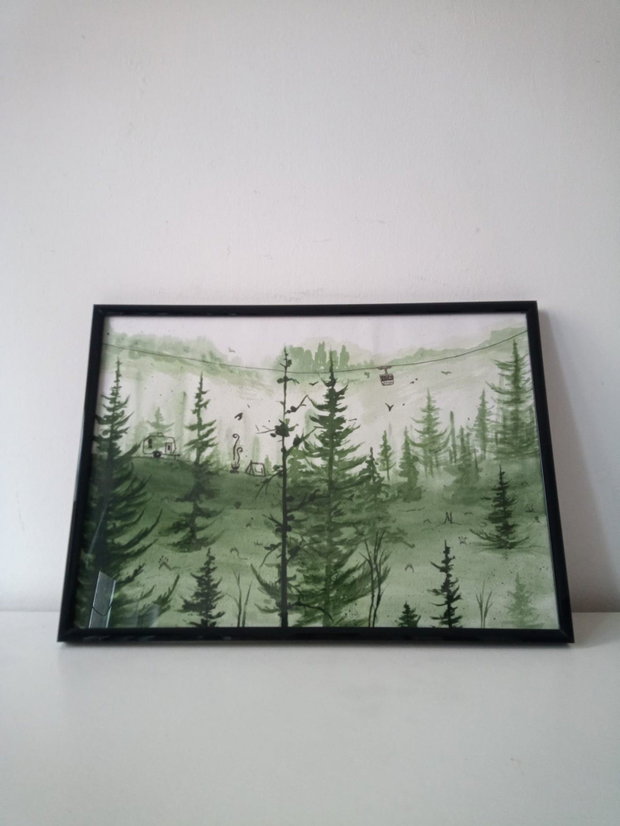 Pictura manuala acrilic si marker pe hartie: Camping la munte