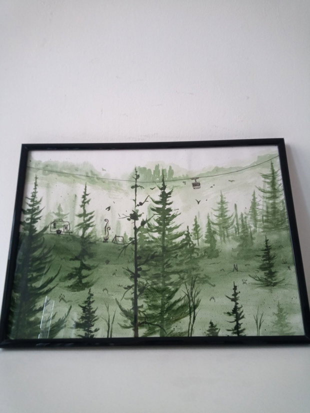 Pictura manuala acrilic si marker pe hartie: Camping la munte