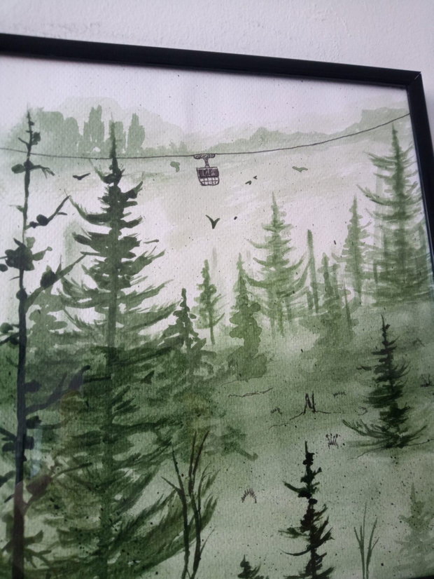 Pictura manuala acrilic si marker pe hartie: Camping la munte