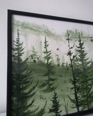 Pictura manuala acrilic si marker pe hartie: Camping la munte