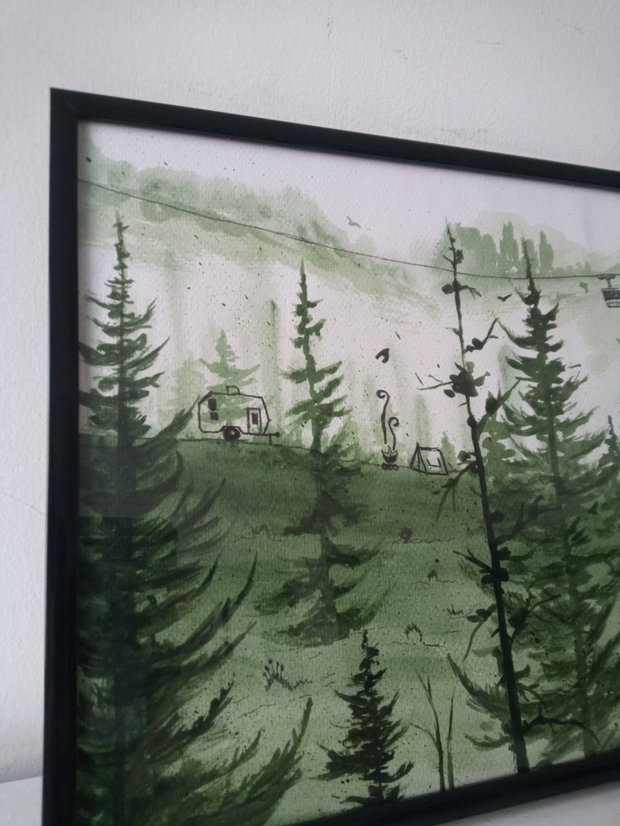Pictura manuala acrilic si marker pe hartie: Camping la munte