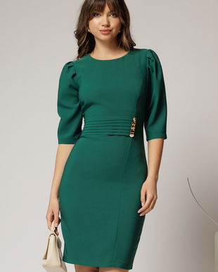 Rochie DY Fashion verde conica cu nasturi aurii pe talie
