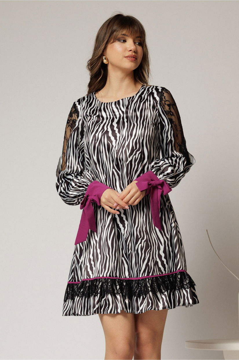 Rochie scurta zebra print din satin cu detalii mov