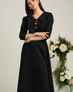 Rochie neagra clos de ocazie cu guler maxi si nasturi perluta