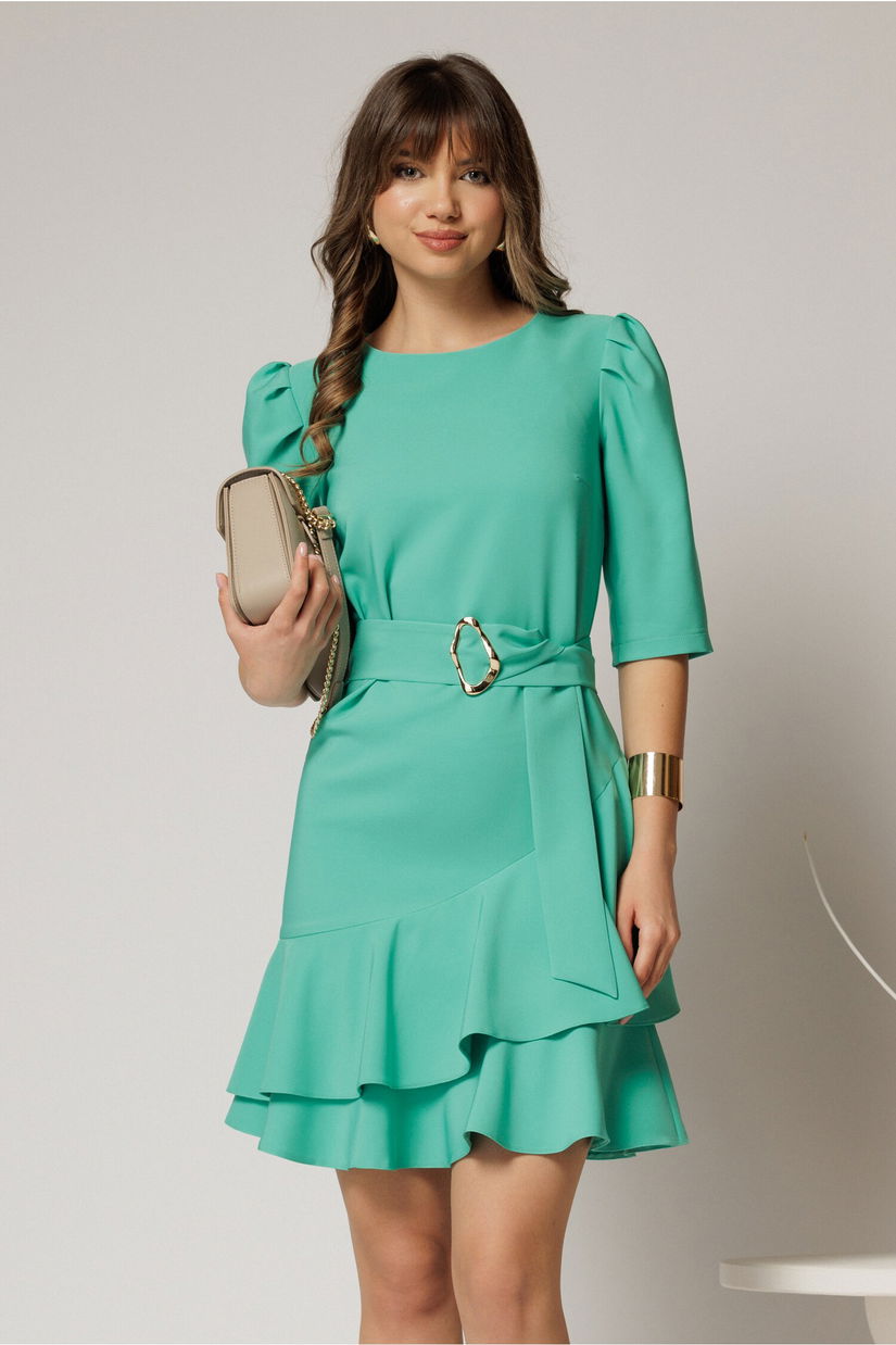 Rochie DY Fashion verde scurta cu volanase pe fusta si cordon detasabil